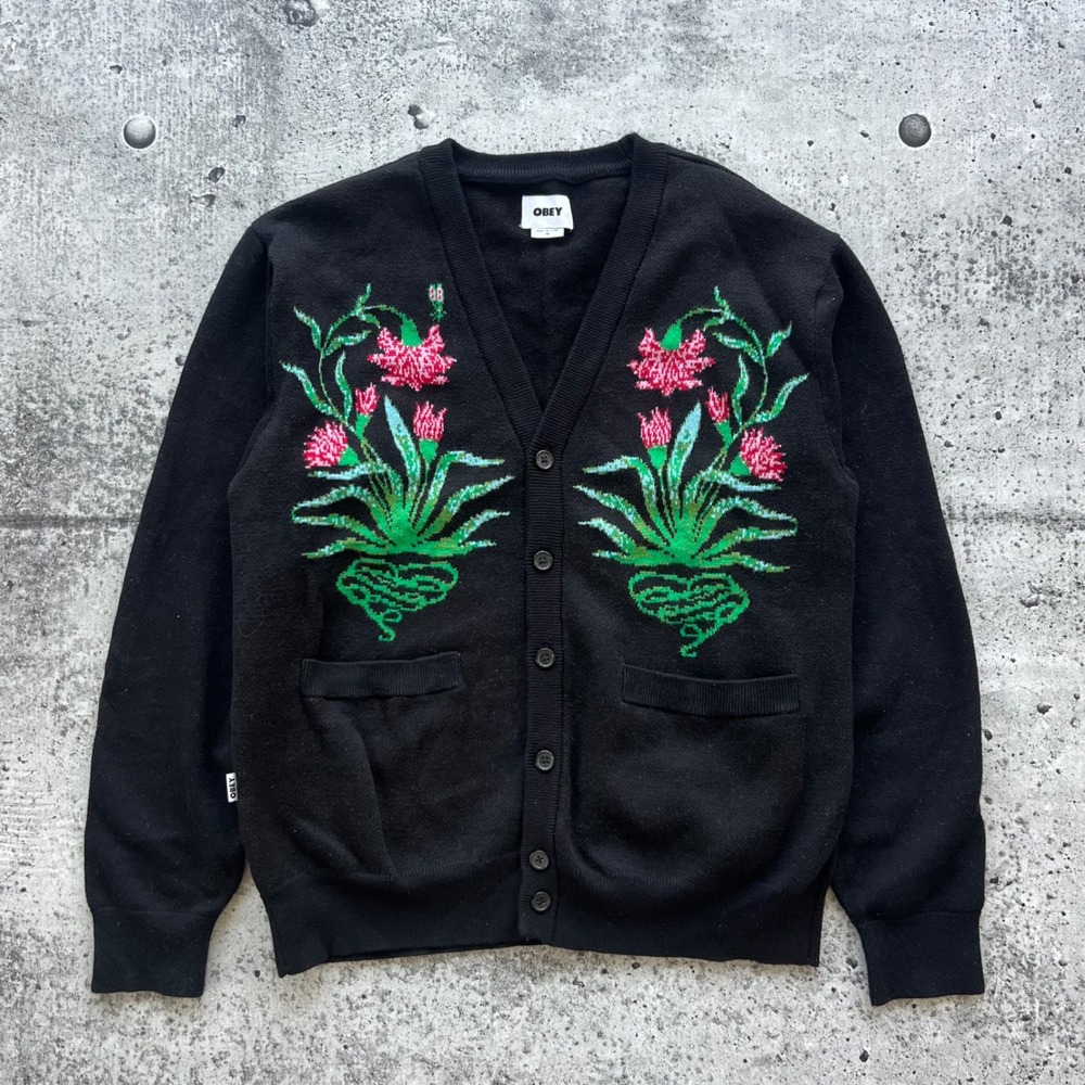 Obey Sweater Mens Medium Black Floral Poppy Cardigan Knit Skate Streetwear